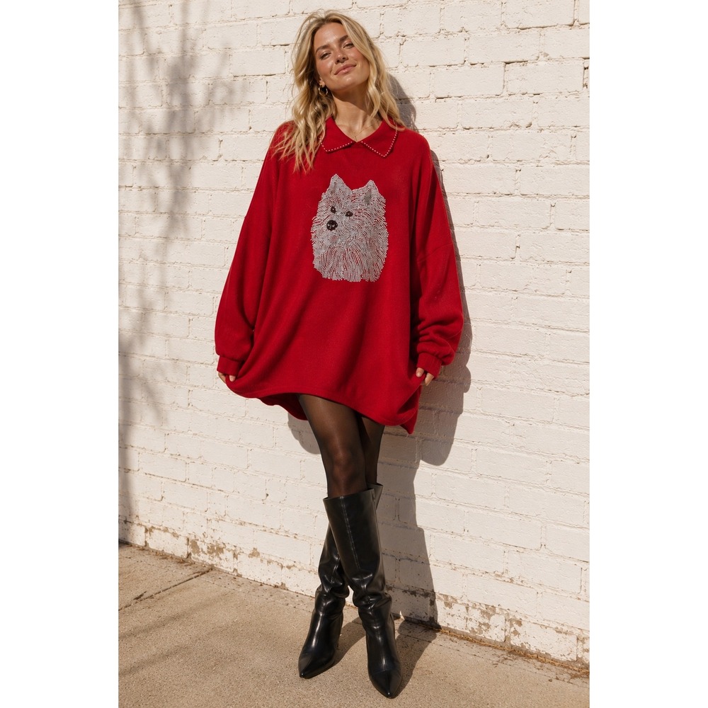 Vintage‎ Rhinestone Dog Sweater Red Y2K Glam Oversized 3X